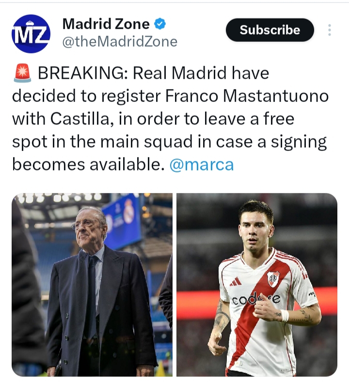 BREAKING: Real Madrid Register Franco Mastantuono with Castilla to Keep First-Team Spot Open